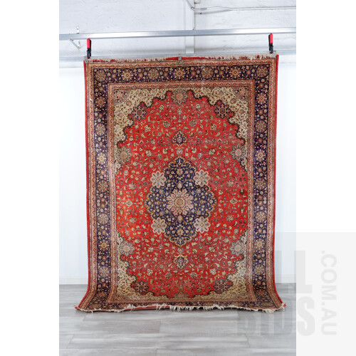 Very Fine Vintage Full Silk Persian Hand Knotted Rug with Inscribed Signature Cartouche and Classic Book Cover Design