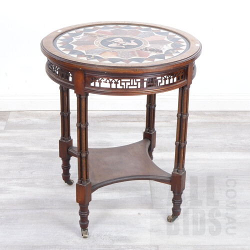 Victorian Mahogany Wine Table in the Chippendale Style with Italian Pietra-Dura Top Inlaid with the Trinacria and Inscription, Late 19th Century