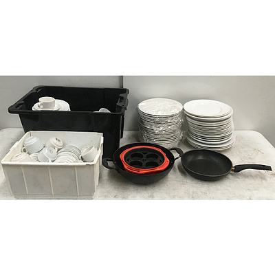 Bulk Lot Of Assorted Plates , Pot, Arcosteel Ceramic Frying Pan And Mugs