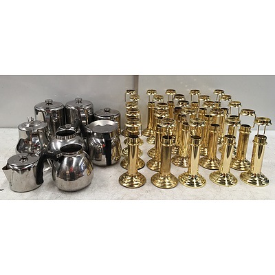 Large Lot Of Assorted Stainless Steel Coffee/Tea Pots & Brass Candle Sticks