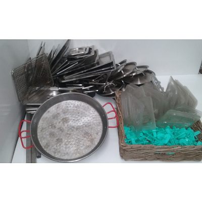 Assorted Stainless Steel and Plastic Items Including Paella Pans