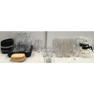 Large Lot Of Assorted Glassware,Plastic Trays & Jugs