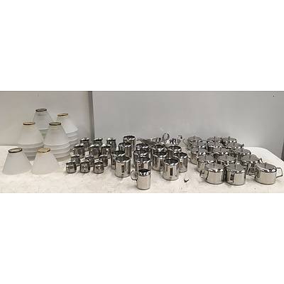 Large Lot Of Assorted Stainless Steel Tableware & Glass Lamp Shades