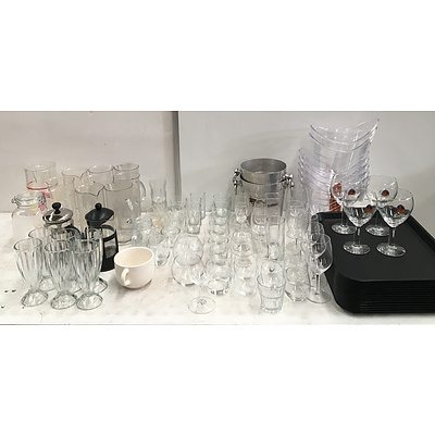 Large Lot Of Assorted Glassware, Ice Buckets, Trays