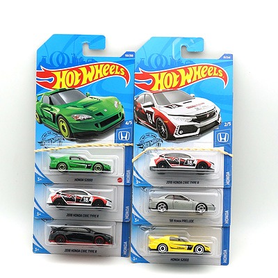 Six Boxed Hot Wheels Honda Model Cars, Including Honda S2000, 98 Honda Prelude and More
