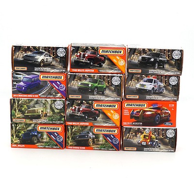 Twelve Boxed Matchbox Cars, Including Willys Jeep, 1974 Volkswagen Type 181 and More
