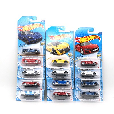 Thirteen Boxed Hot Wheels Factory Fresh Model Cars, Including 2020 Jaguar F Type, 2019 Audi R8 Spyder and More 