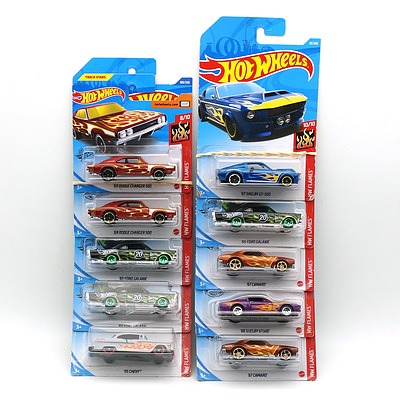 Ten Boxed Hot Wheels HW Flames Model Cars, Including 55 Chevy, 65 Ford Galaxie and More