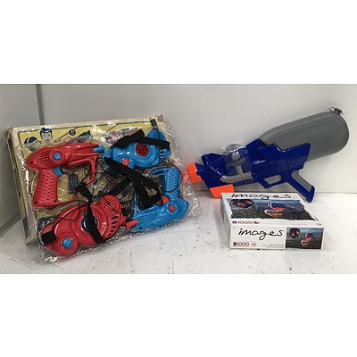 Assorted Games And Toys, Including Vintage Laser Game, Super Soaker And Puzzle