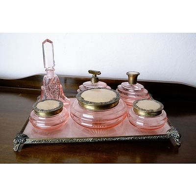 Vintage Ruby Glass Dressing Table Set with Powder Box and Perfume Atomiser