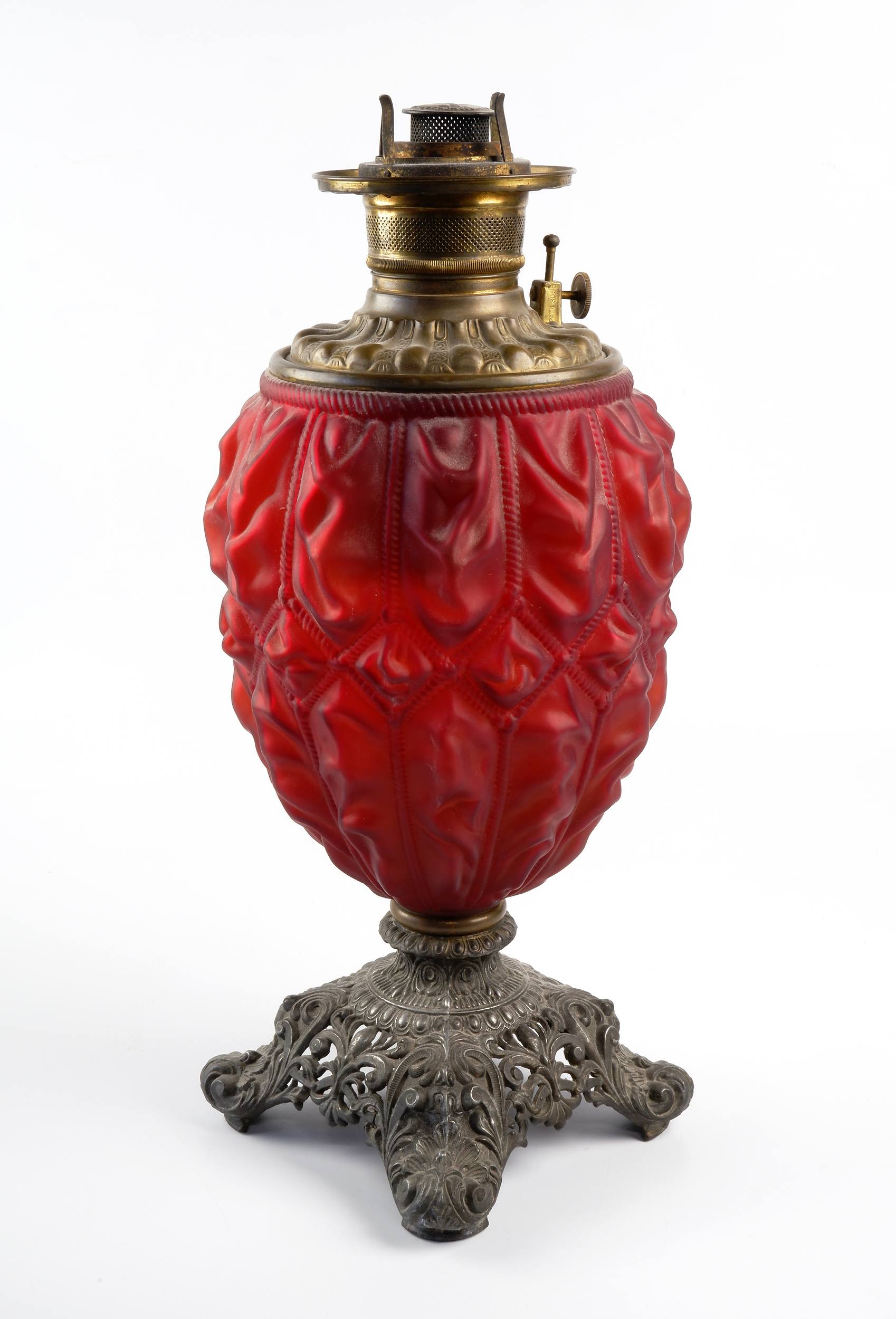 'Large Antique American Oil Lamp with Cranberry Glass Font'