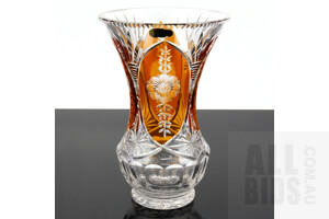 Vintage Bohemian Julia Orange Flashed Cut Crystal Mantle Vase