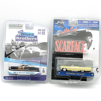 Jada Toys 1:64 Scarface 63 Cadillac Series 62 and a Greenlight Blue Brothers Jake and Elwood Bluesmobile