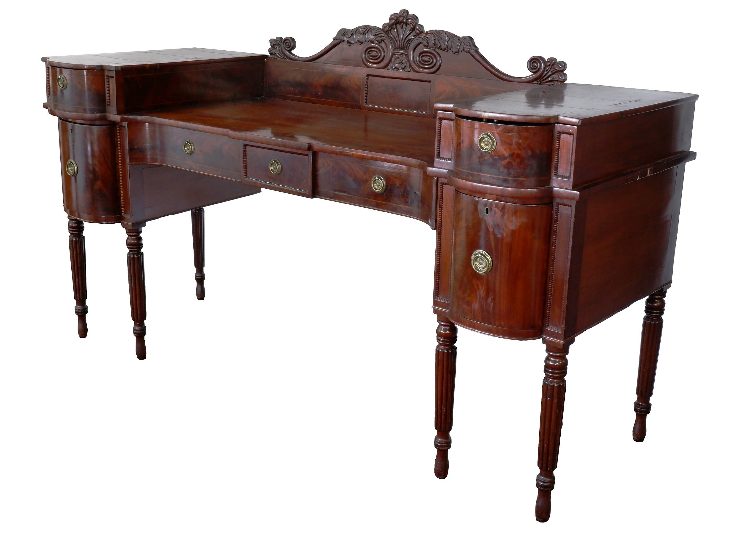 'Regency Serpentine Front Flame Mahogany Twin Sideboard with Six Fluted Legs and Prince of Wales Feather Paterae, Circa 1825'