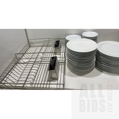 Large lot of Dining Plates, Saucers and Pair of Dish Drying Racks