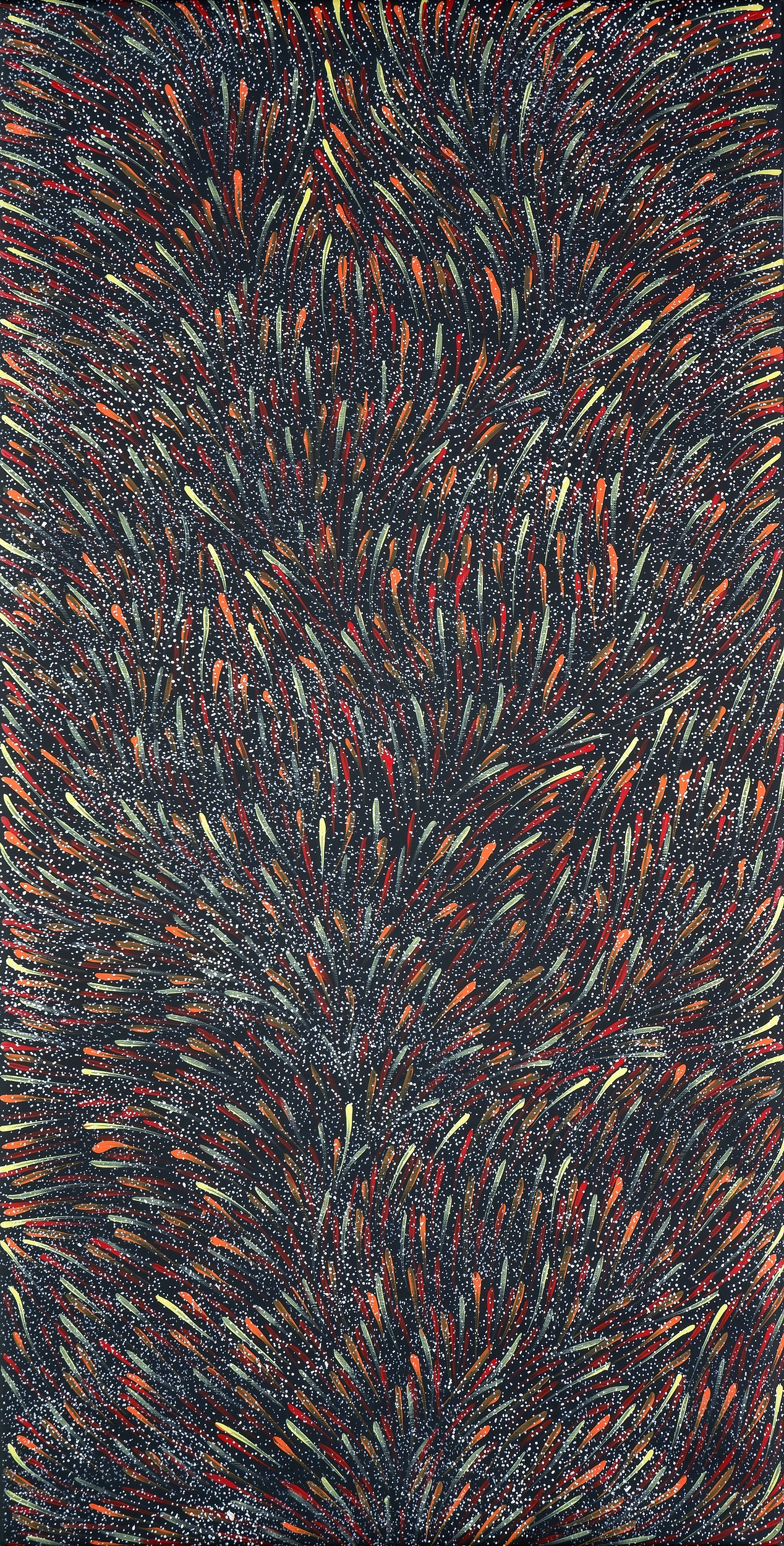 'Gracie Morton Pwerle (c1956), Bush Yam Leaves 2018, Synthetic Polymer Paint on Canvas, 120 x 61 cm'