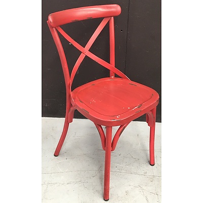 Folding Cafe Table And Painted Red Metal Chairs - Lot Of 4