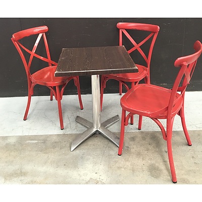 Folding Cafe Table And Painted Red Metal Chairs - Lot Of 4