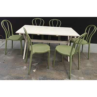 Painted  White Timber Outdoor Table And Composite Plastic Green Chairs - Lot of Seven