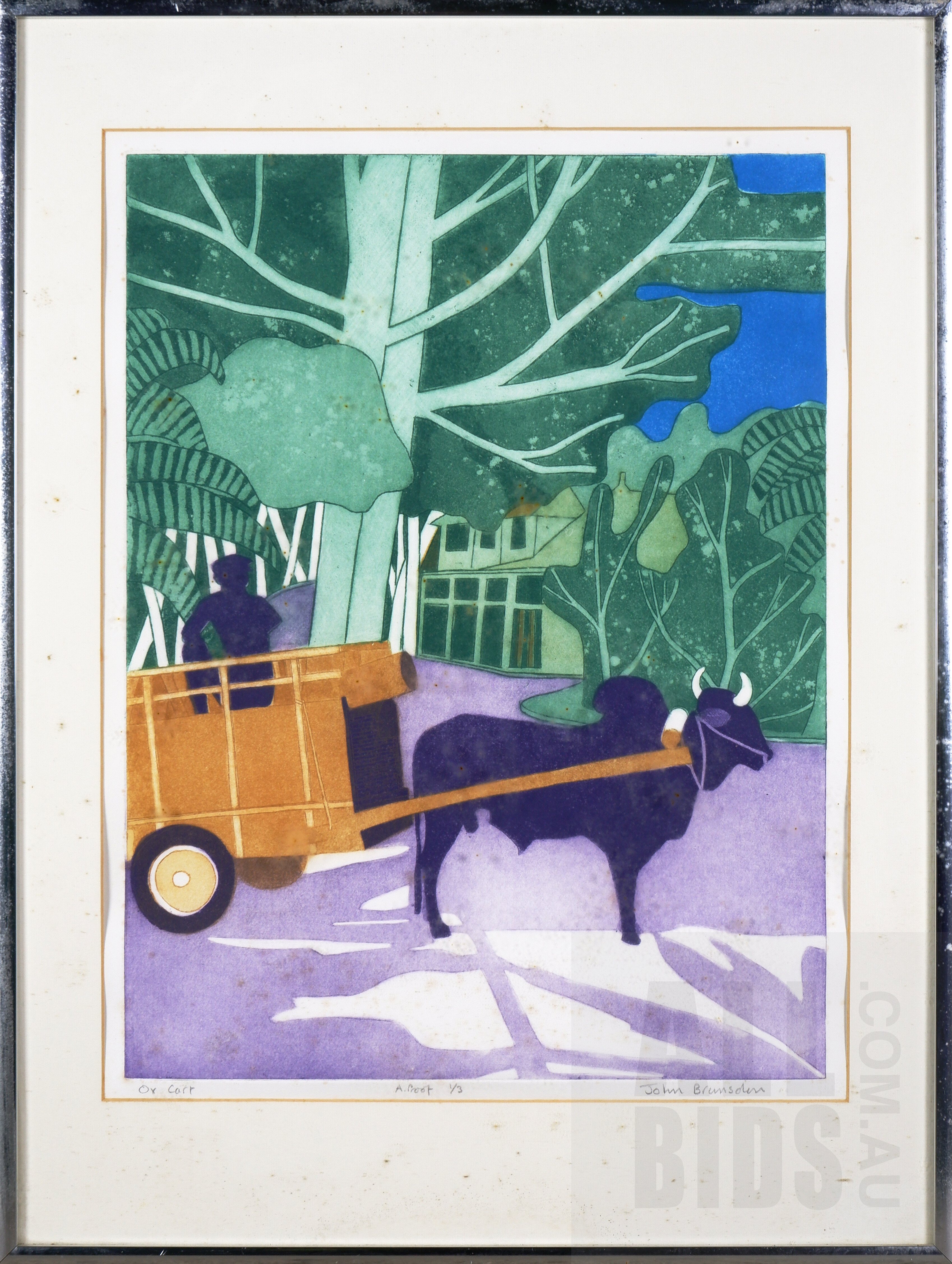 'John Brunsdon (1933-2014, British), Ox Cart, Etching and Aquatint, 60 x 45 cm (image size)'