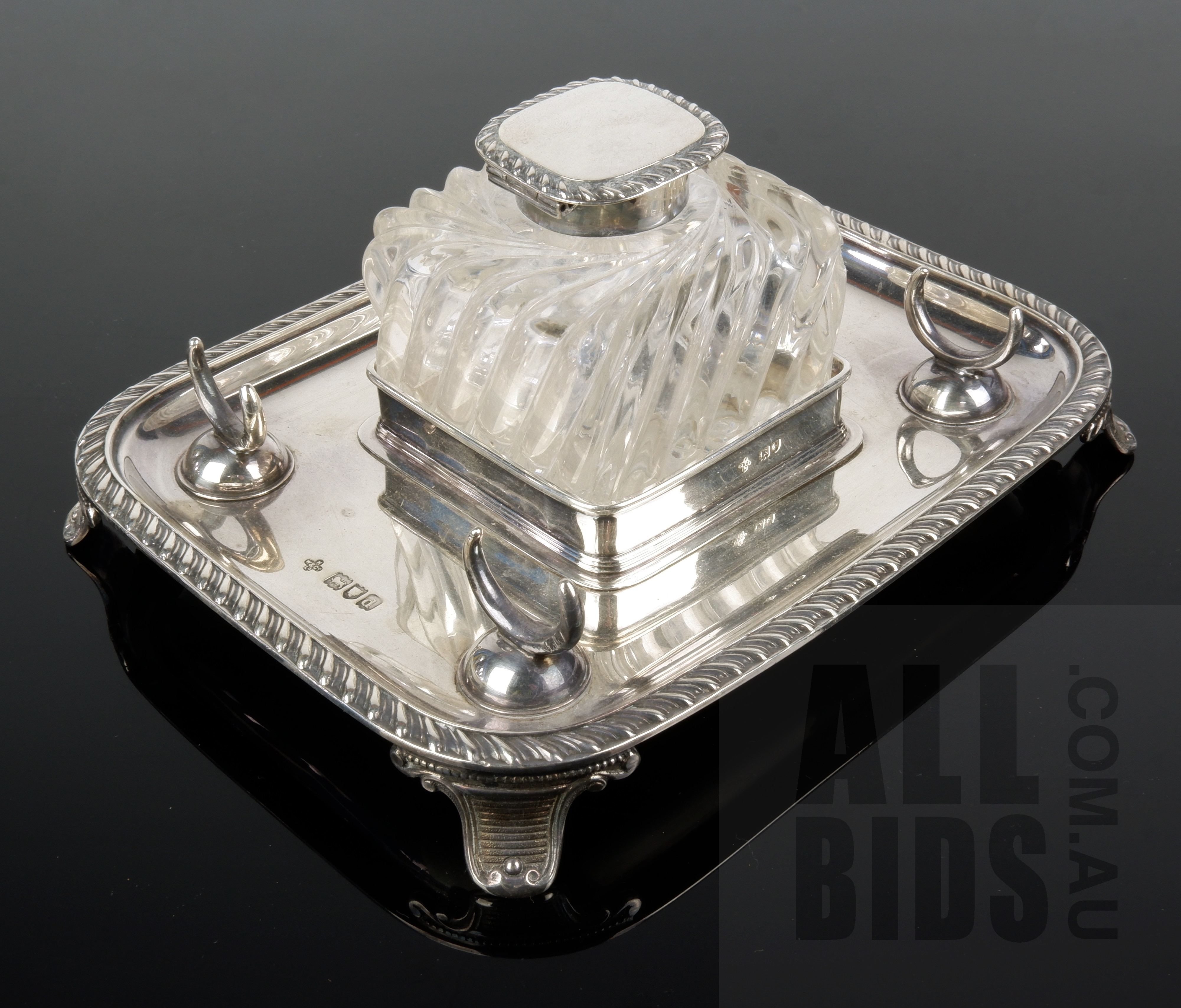 'Victorian Sterling Silver Standish with Original Cut Glass Inkwell, Henry Wilkinson & Co. London 1899, 356g'