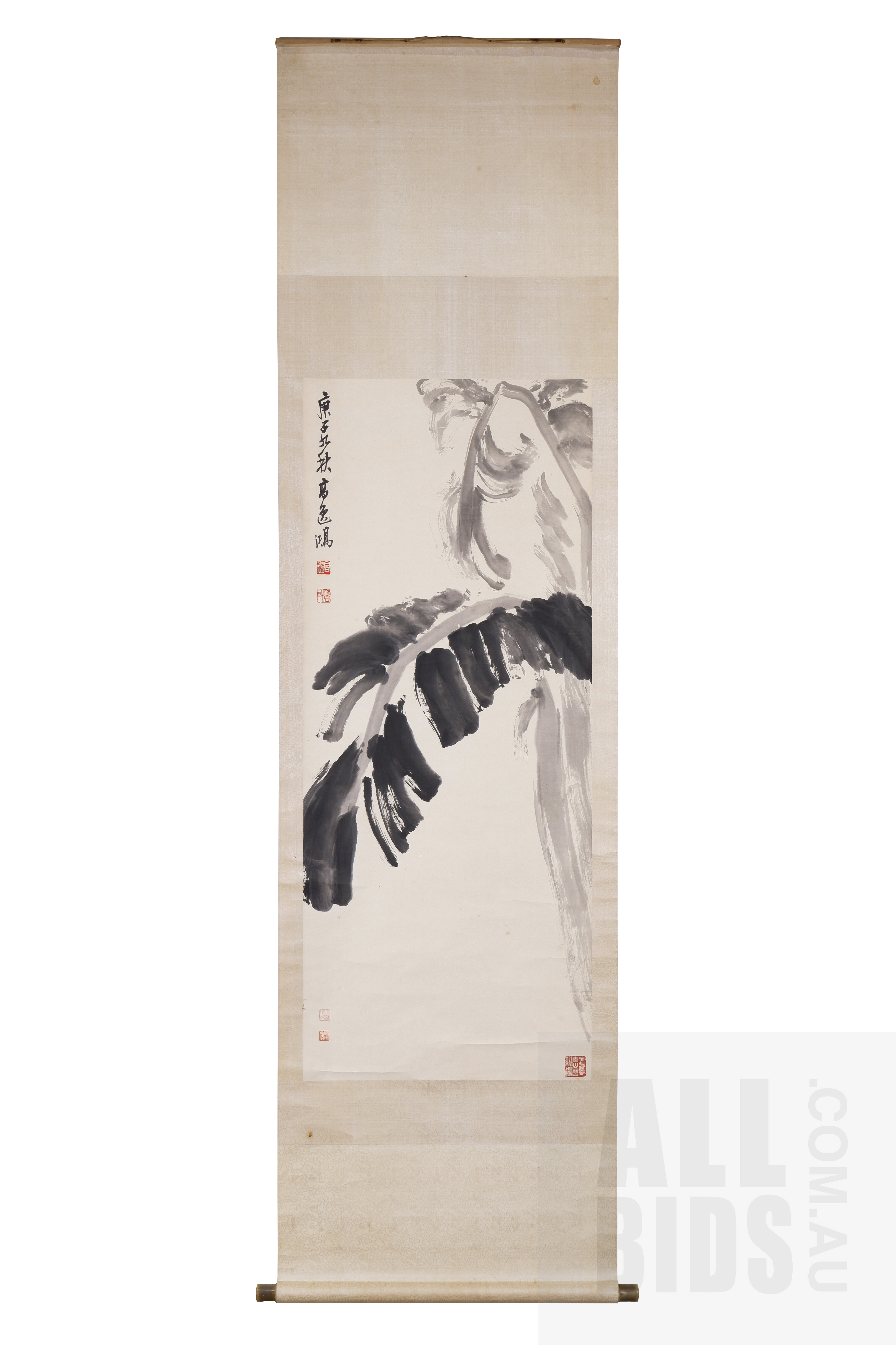 'GAO Yihong (Chinese 1908-1982) Palm Leaf with Calligraphy and Artists Seals, Ink on Paper with Mounted on Scroll with Silk Backing'
