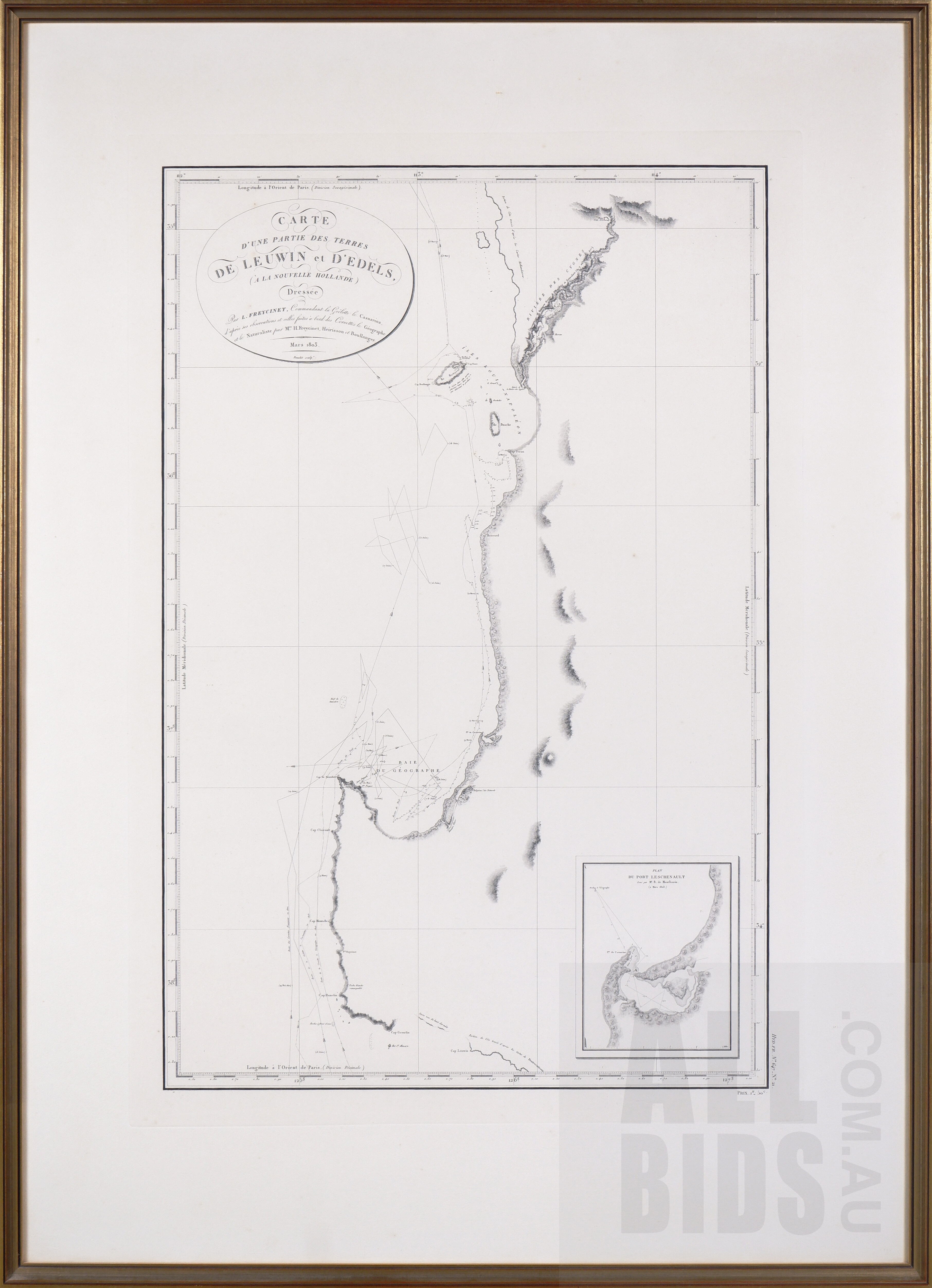 'Louis Claude Desaulses de Freycinet (French 1779-1842) Carte dune partie des Terres de Leuwin et dEdels (a la Nouvelle Hollande) 1803, Published Paris 1812'