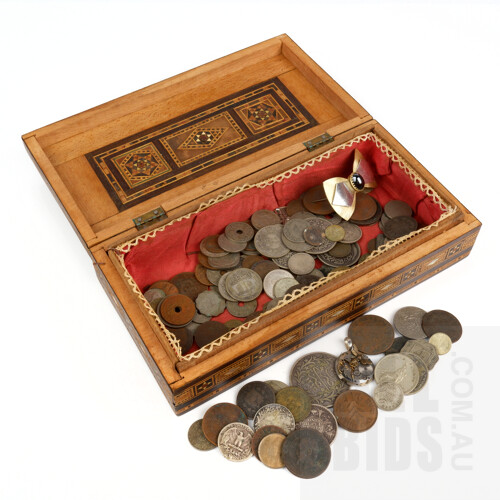 Middle Eastern Sadeli Work Box Containing Various Australian and International Coins and Tokens, Including 1916 One Rupee Coin, Australian 1954 Florin and More