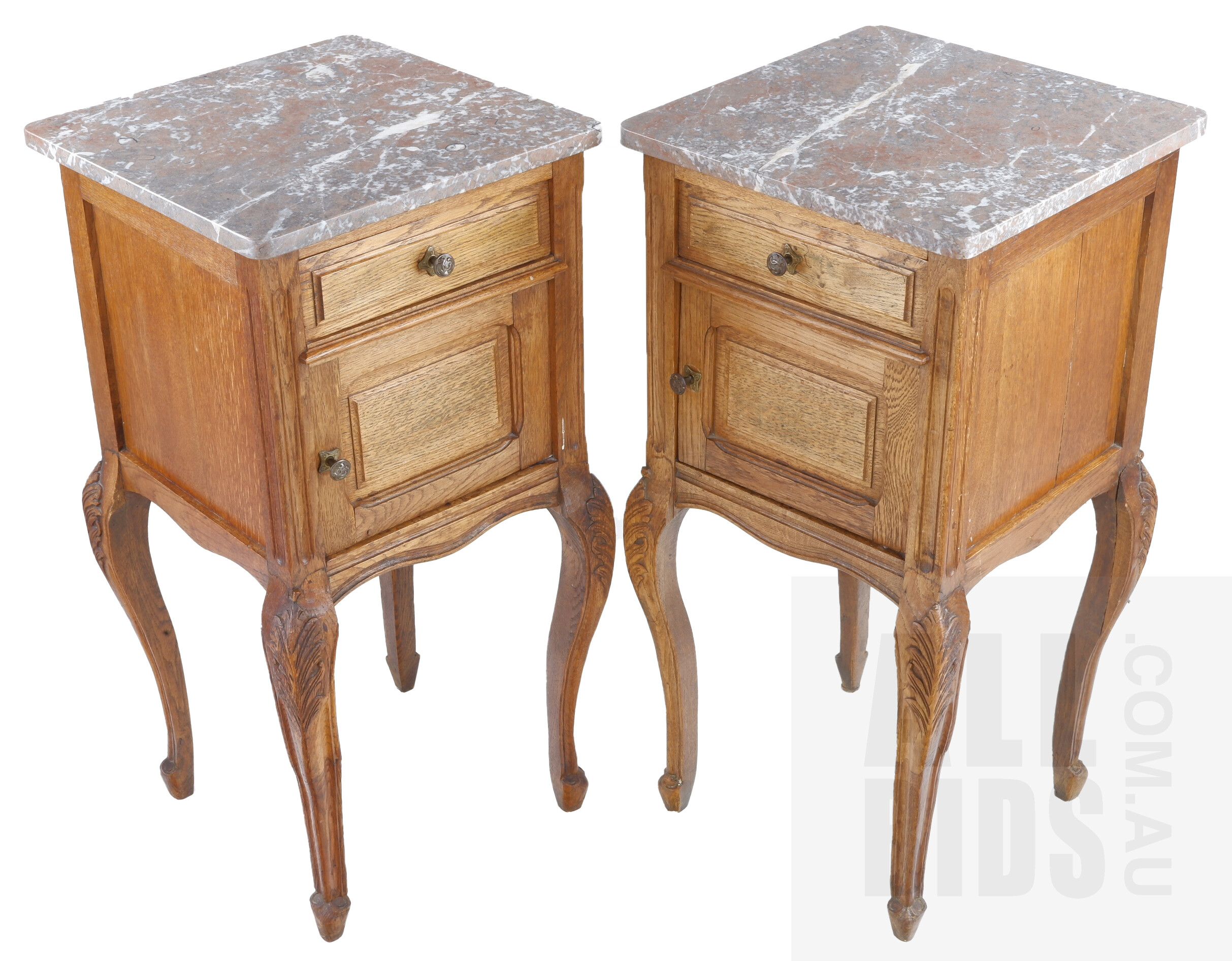 'Pair of Louis Style Oak and Marble Side Tables, 20th Century'