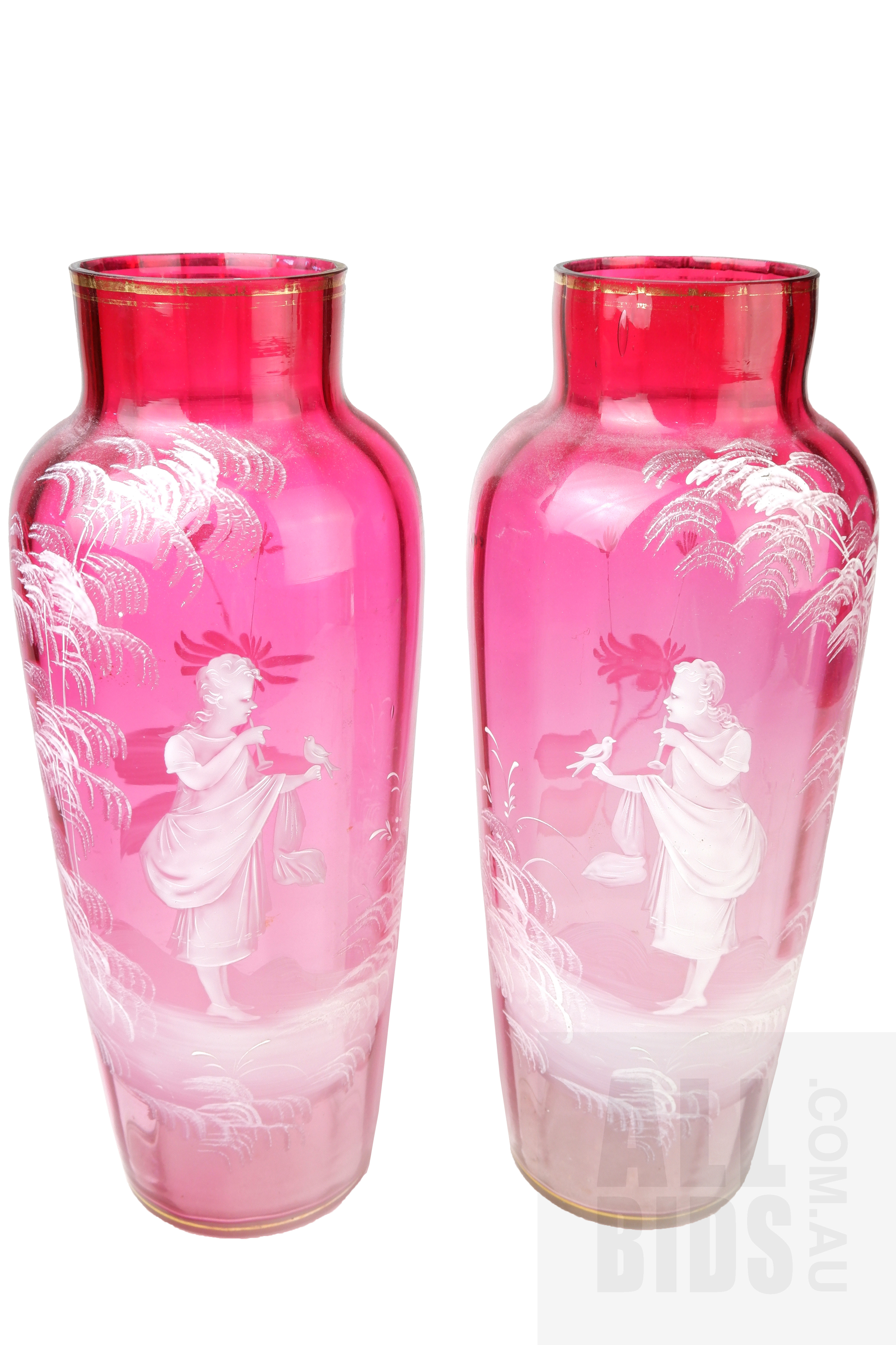 'Pair of Victorian Mary Gregory Cranberry Glass Vases'