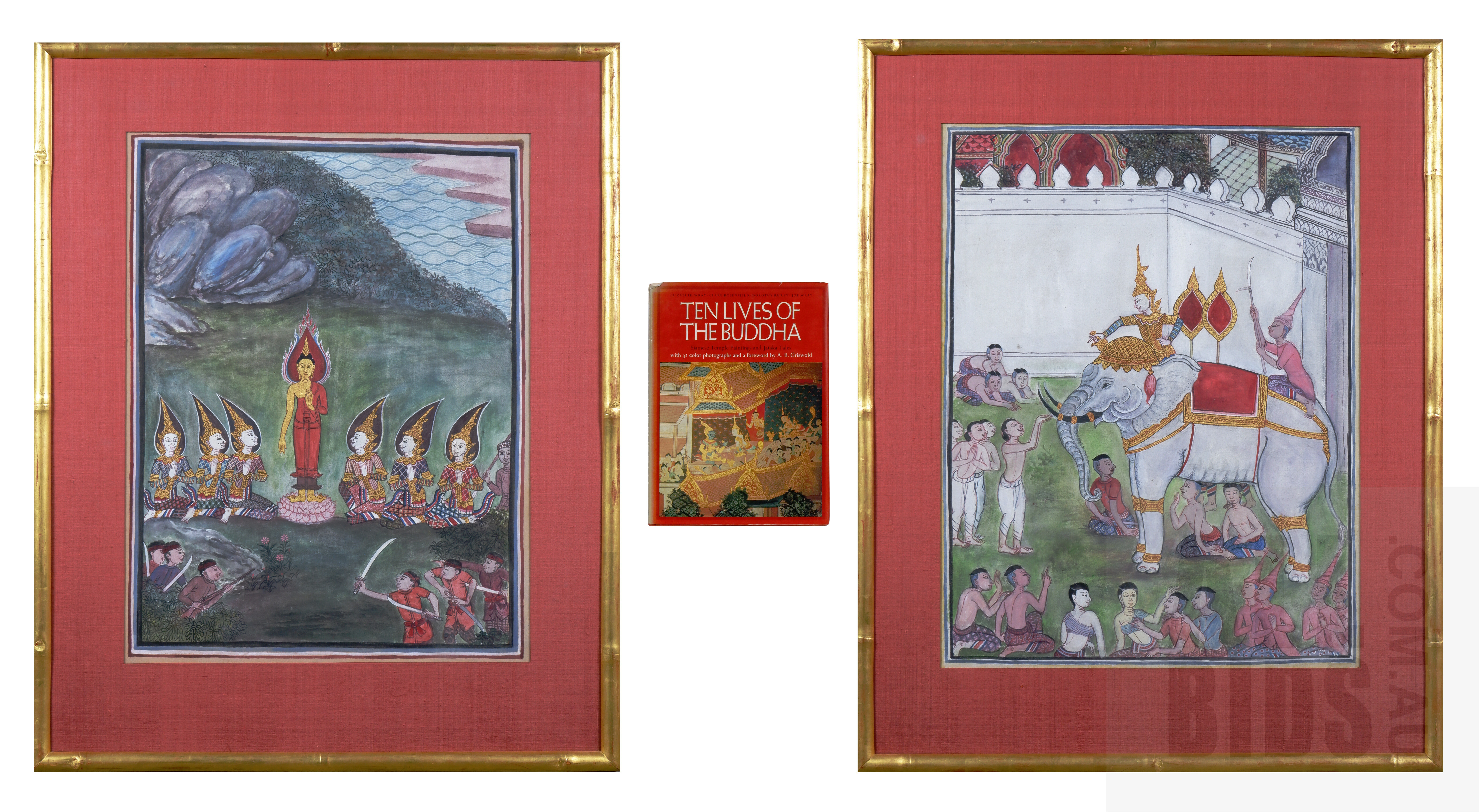 'A Pair of c1950 Hand-Painted Thai Temple Paintings from the Jakata Tales, Presented in Water Gilded Natural Bamboo Frames with Jim Thompson Silk Lining, each 56 x 43 cm, Accompanied by the Book, The Ten Lives of Buddha (3 items)'
