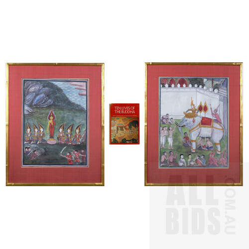 A Pair of c1950 Hand-Painted Thai Temple Paintings from the Jakata Tales, Presented in Water Gilded Natural Bamboo Frames with Jim Thompson Silk Lining, each 56 x 43 cm, Accompanied by the Book, 'The Ten Lives of Buddha' (3 items)