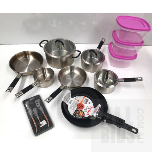 Group of Saucepans, Cheese Knives and Plastic Containers - Lot of Eleven