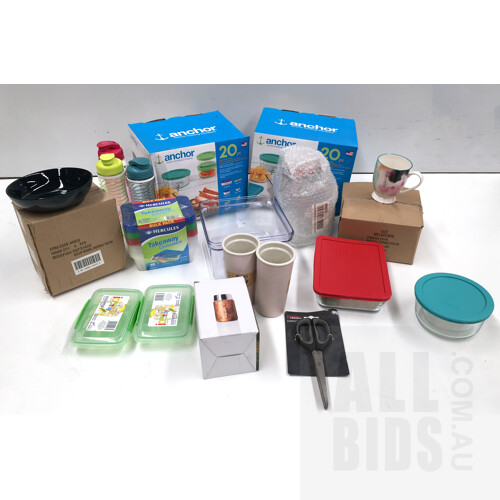 Assorted Lot of Kitchenware Including Anchor 20 Piece Storage Containers, Bbbyo Foodie Bottle and More