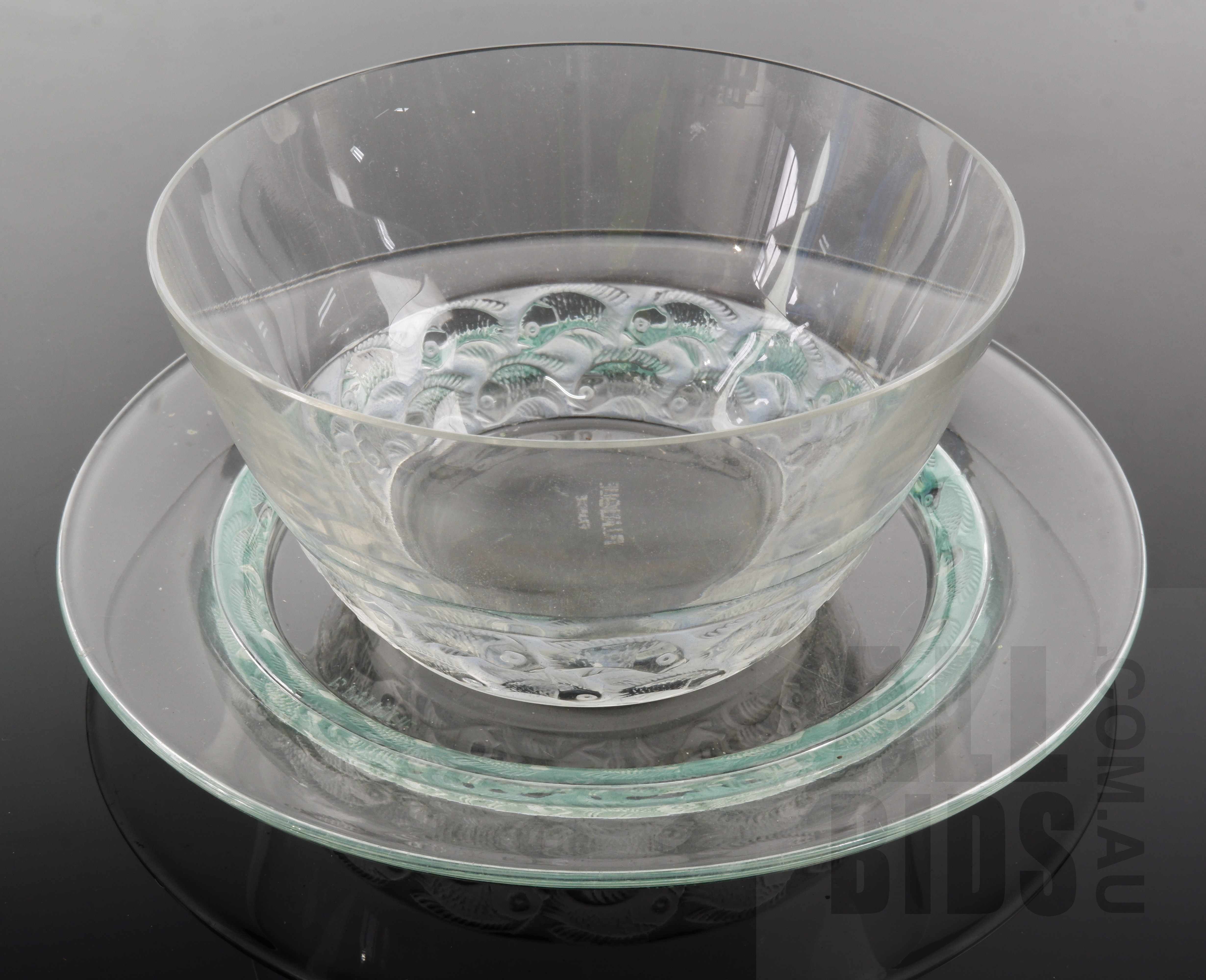'Rene Lalique Bowl and Dish with Original Blue and Green Staining Circa 1930s'