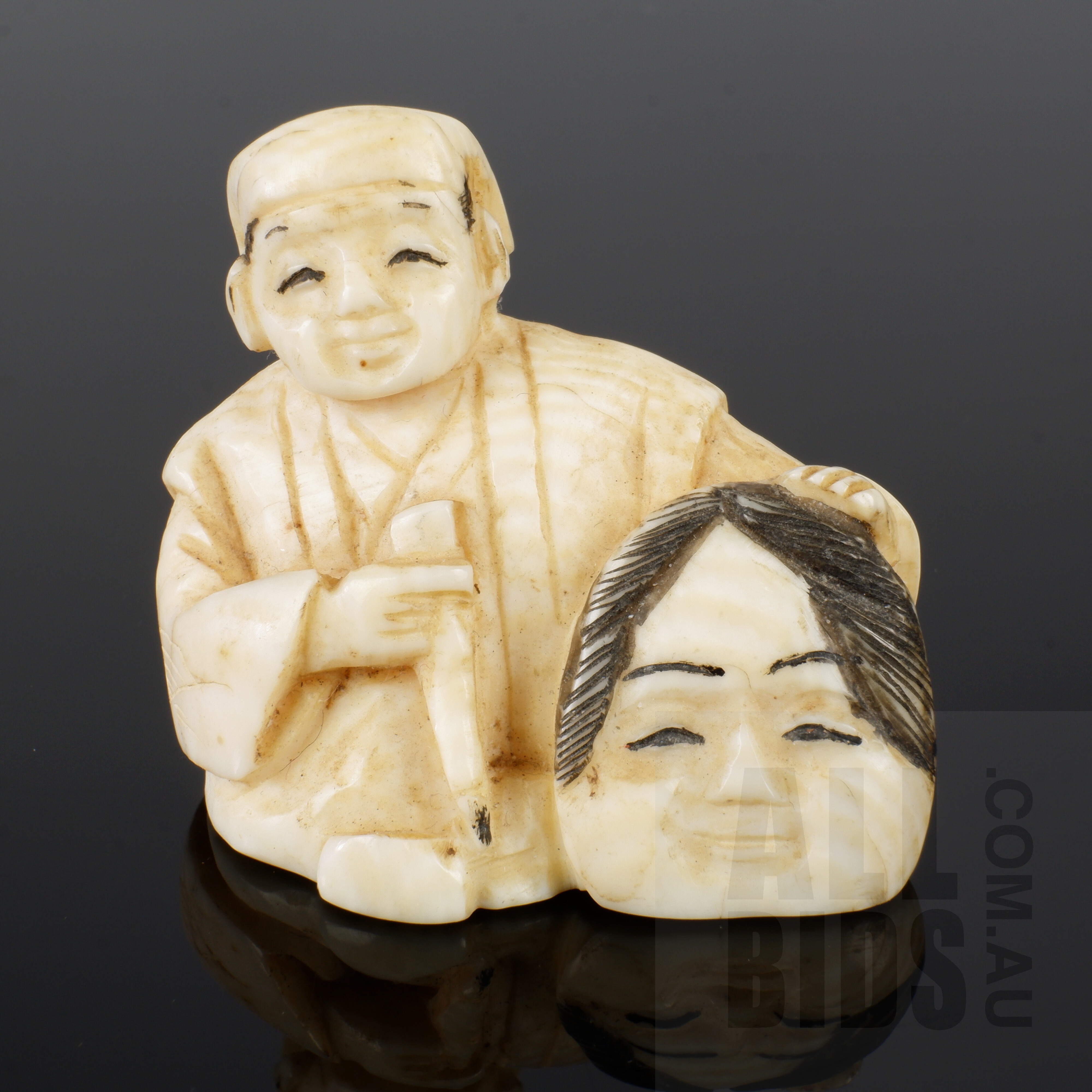 'Antique Japanese Carved and Stained Ivory Netsuke, Meiji Period 1868-1912'