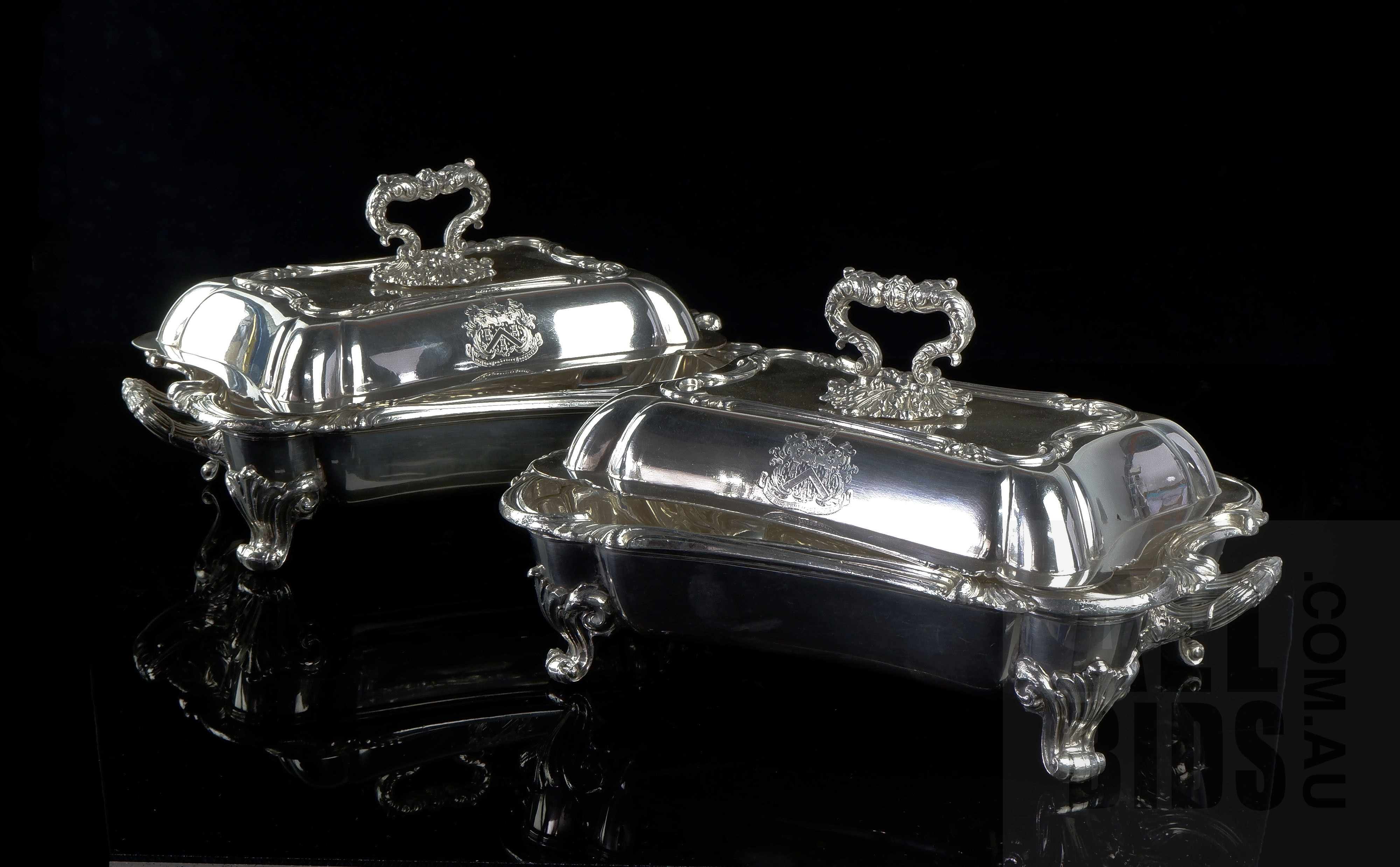 'Fine Pair of Regency Sheffield Plate Covered Entree Dishes and Warming Bases with Engraved Armorial Crests of General Sir William Wood, Early 19th Century, (2)'