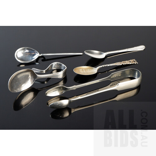 Melange of Hallmarked English Sterling Silver Spoons, Total Weight 48g, Plus a Pair of Nickel Silver Sugar Tongs, (5)