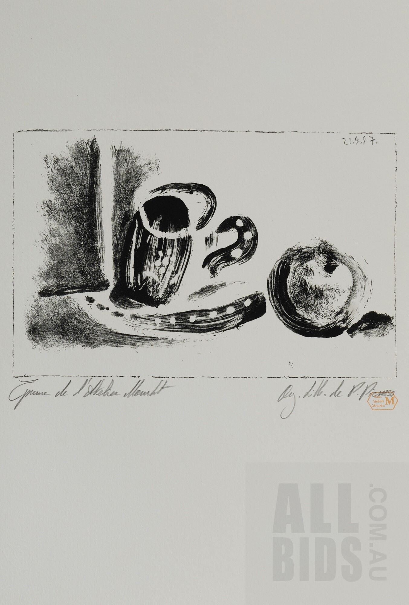 'Pablo Picasso (Spanish 1881-1973), The Cup and the Apple 1947, From Dans lAtelier de Picasso, Lithograph (un-numbered) 16x25cm (image) '