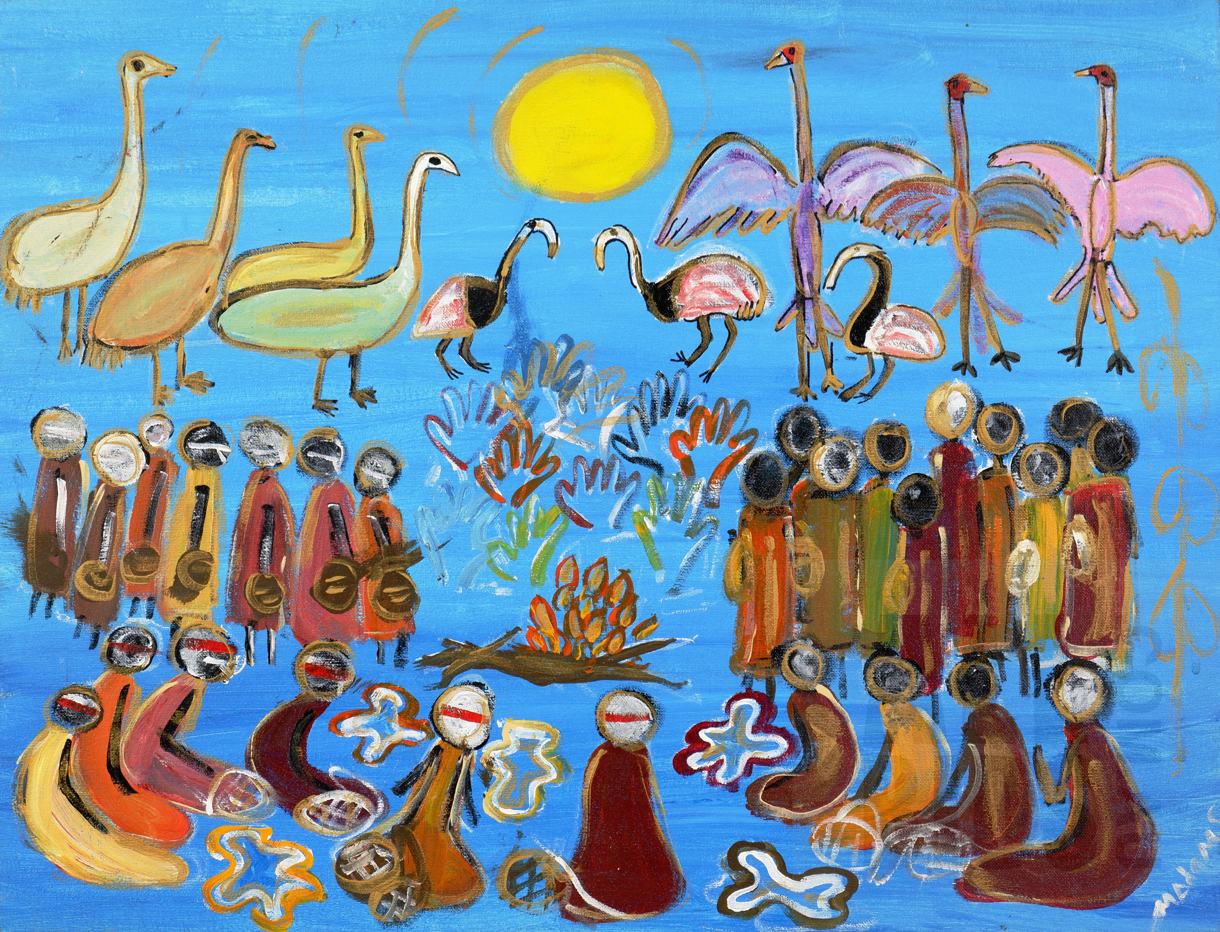 'Margaret Adams (born 1942, Kamilaroi language group), Corroboree with Animals, Moree New South Wales, Acrylic on Canvas, 45 x 59 cm'