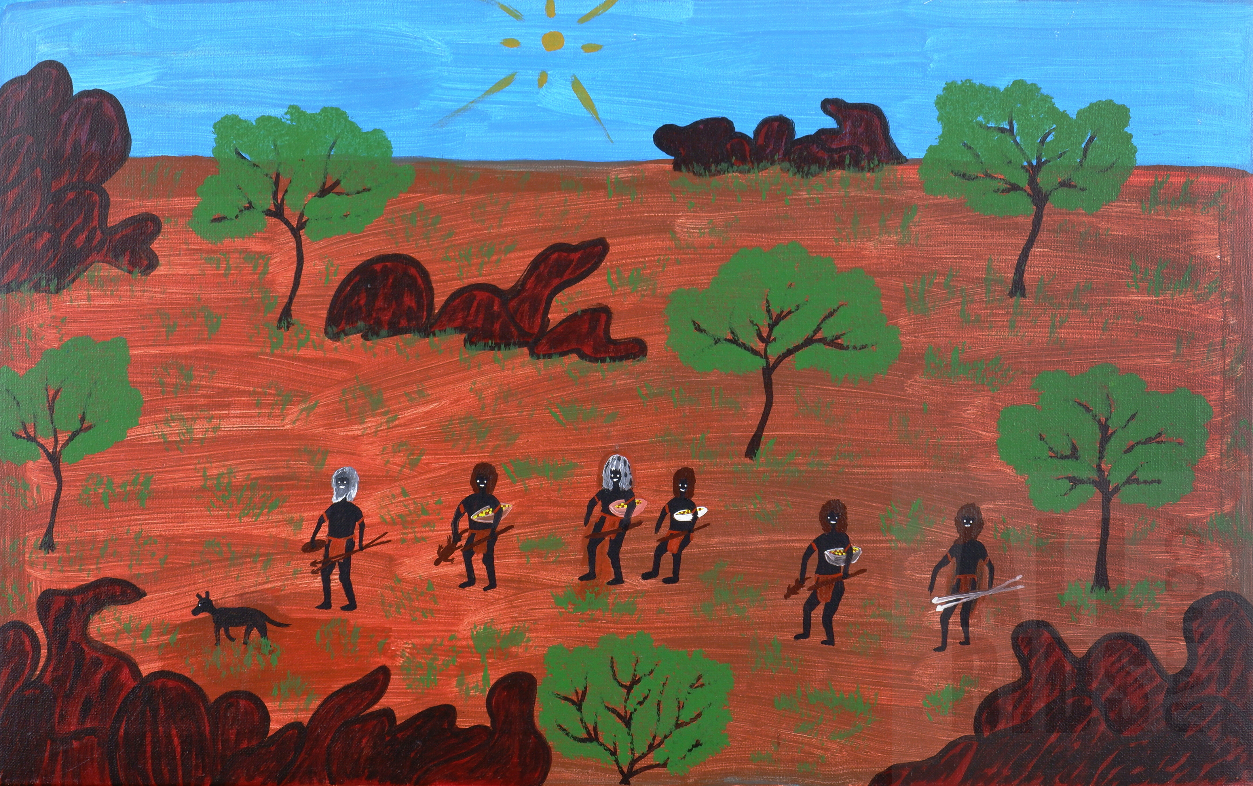 'Anna Petyarre (born c1965, Anmatyerre language group), Campsite Gathering - Returning with Bush Tucker 1998, Acrylic on Canvas, 53 x 85 cm'