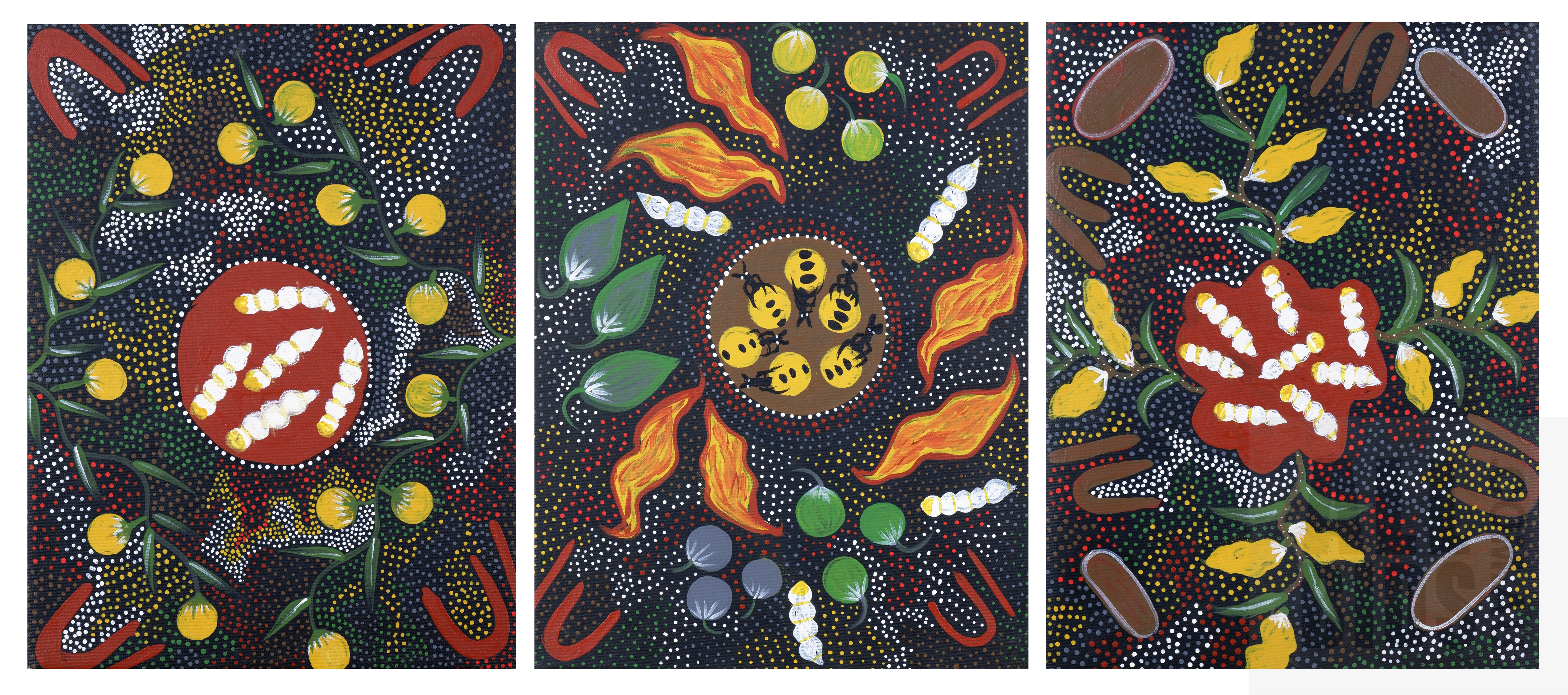 'Eileen Mbitjana (born c1940, Kaytetye language group), Bush Tucker 2011, Acrylic on Canvas, each 32 x 42 cm (2)'