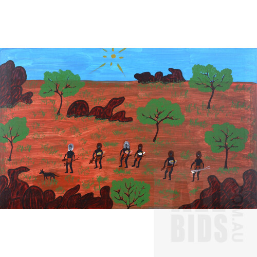 Anna Petyarre (born c1965, Anmatyerre language group), Campsite Gathering - Returning with Bush Tucker 1998, Acrylic on Canvas, 53 x 85 cm
