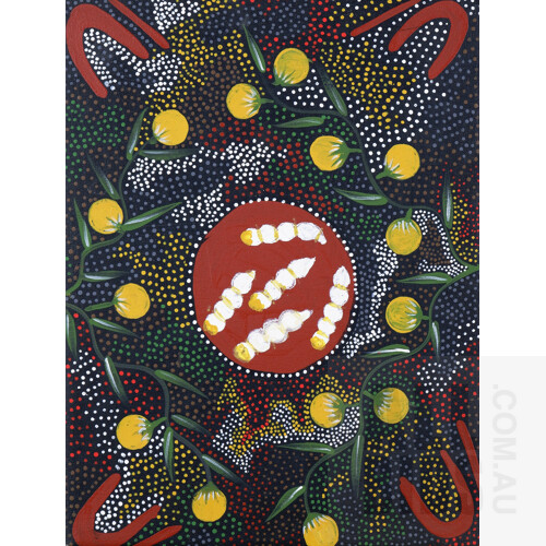 Eileen Mbitjana (born c1940, Kaytetye language group), Bush Tucker 2011, Acrylic on Canvas, each 32 x 42 cm (3)