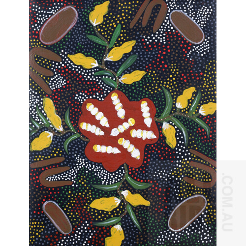 Eileen Mbitjana (born c1940, Kaytetye language group), Bush Tucker 2011, Acrylic on Canvas, each 32 x 42 cm (3)
