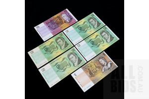 Fraser/ Higgins $5 Note QGB216224, Four $2 Notes and one $1 Note, (6)
