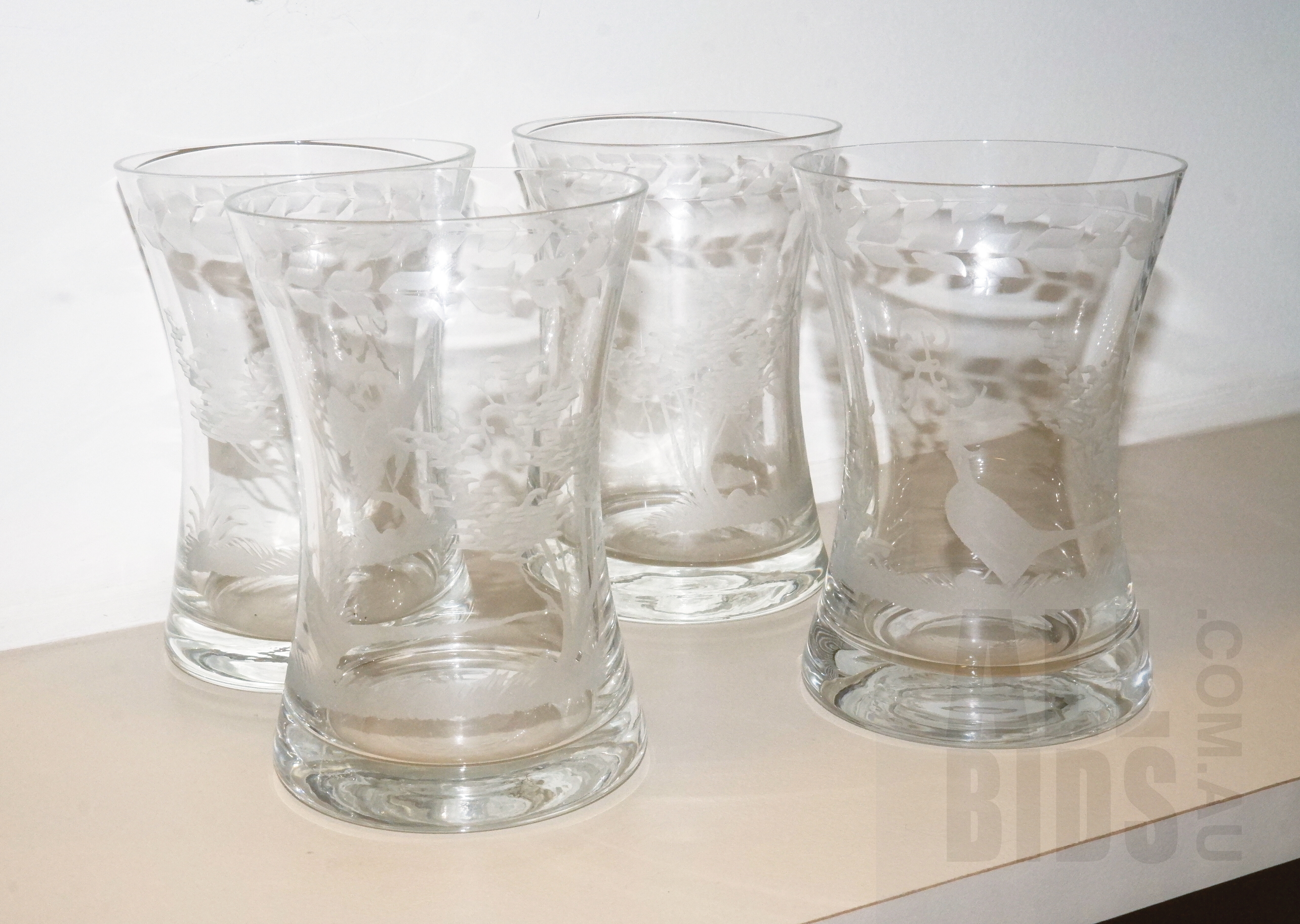 'Four Antique Etched Glass Tumblers with Pheasant Motif'