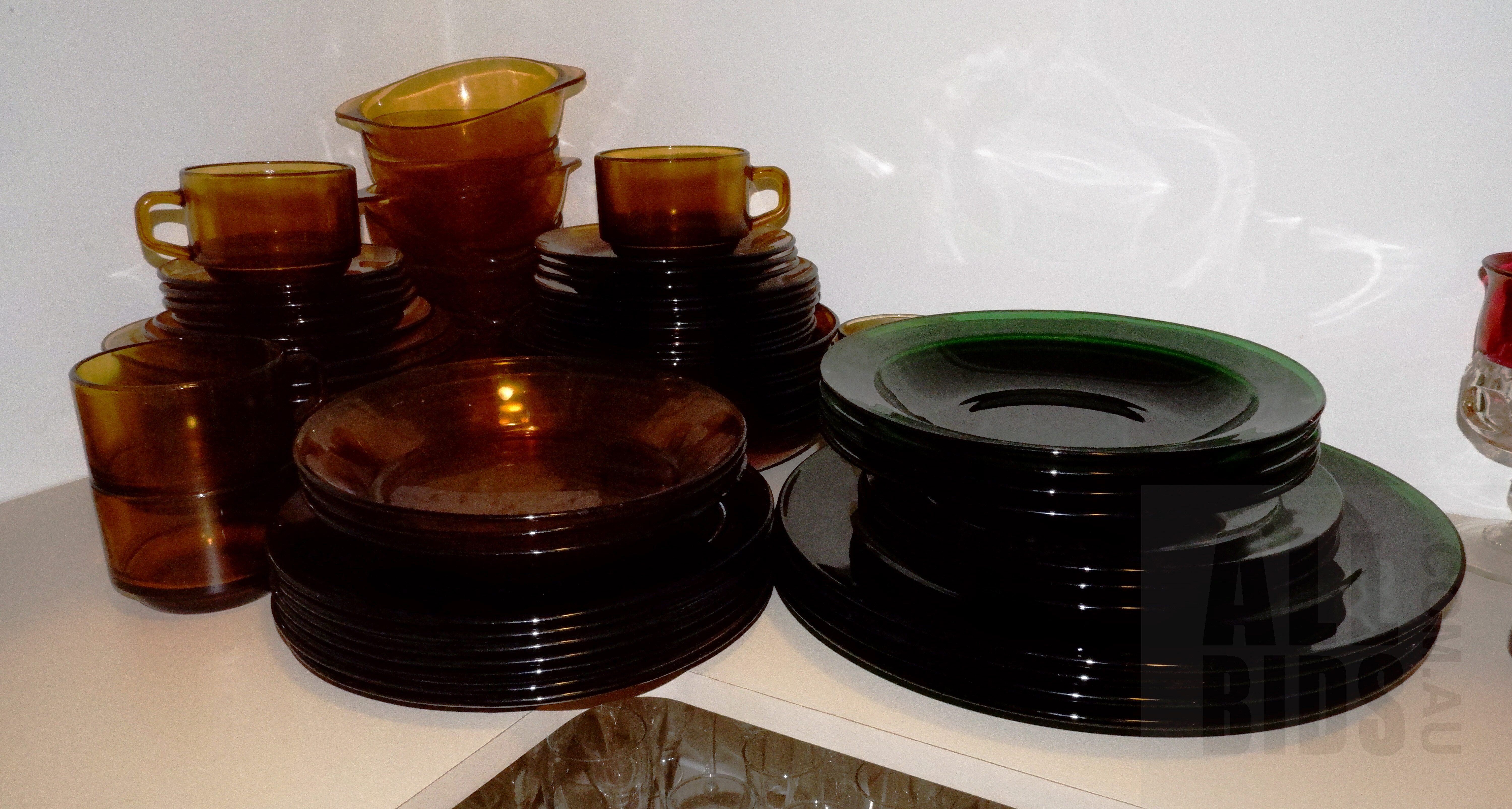 'Collection of Vintage Durax and French Vereco Amber Glassware and Another Vintage Green Glass Part Dinner Service'