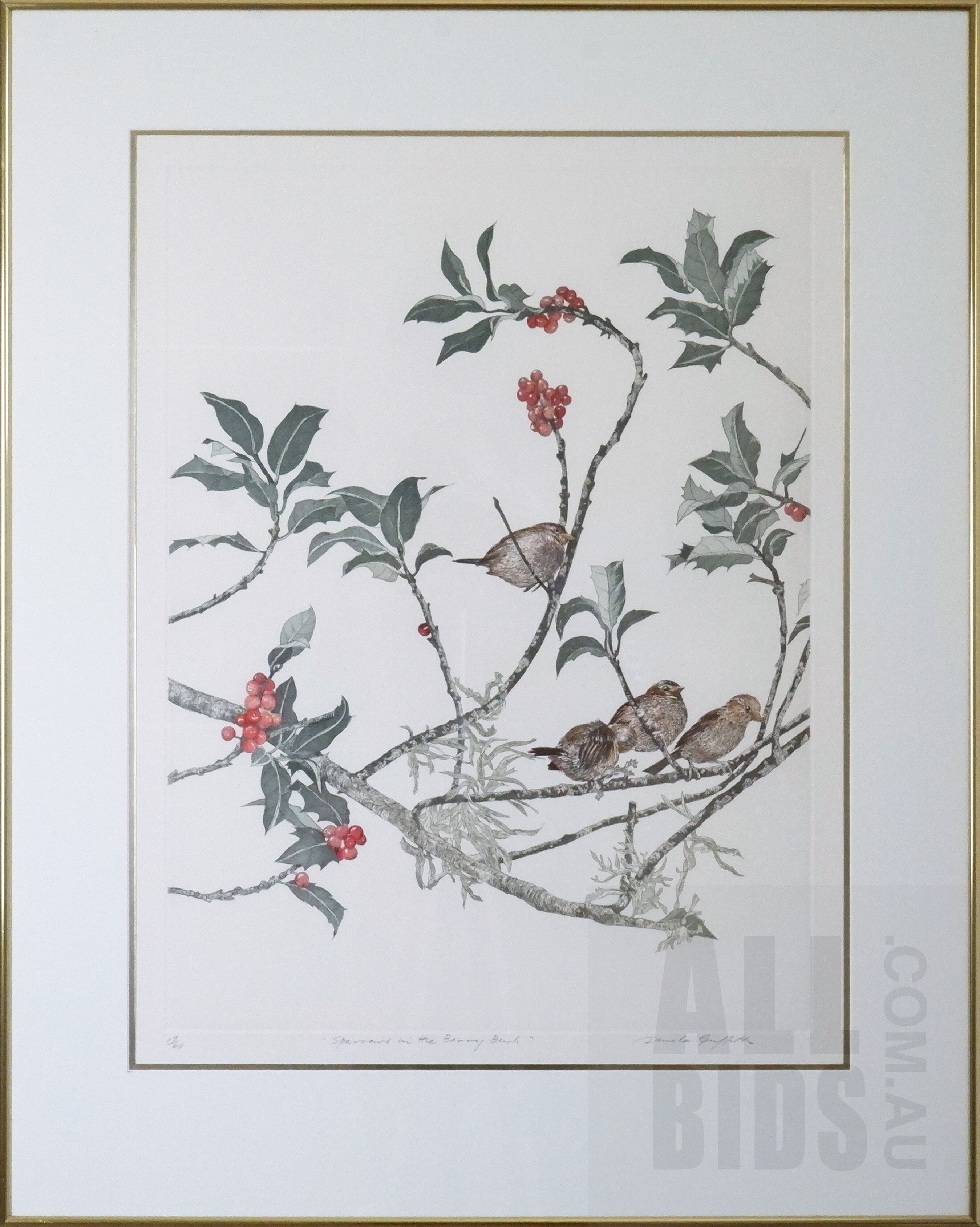 'Pamela Griffith (born 1943), Sparrows in the Berry Bush 1991, Etching & Aquatint, 60 x 45 cm (image size)'