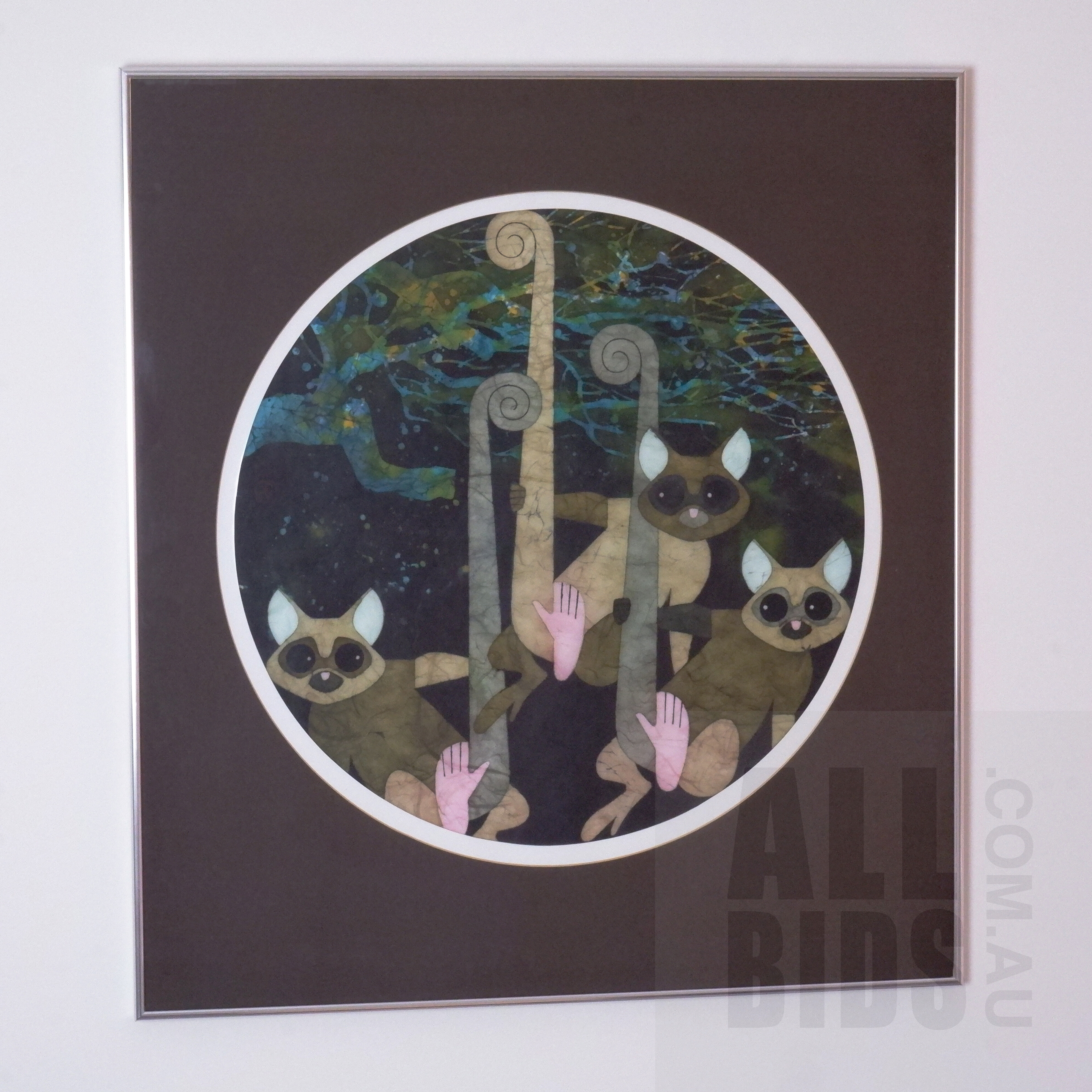 'Cornel Swen (born 1930), Possums, Wax-Resist Dye on Japanese Washi Paper, Diameter: 49 cm'